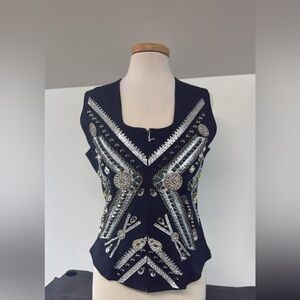 Black Embellished Sleeveless Tank Top with Mirror Detailing